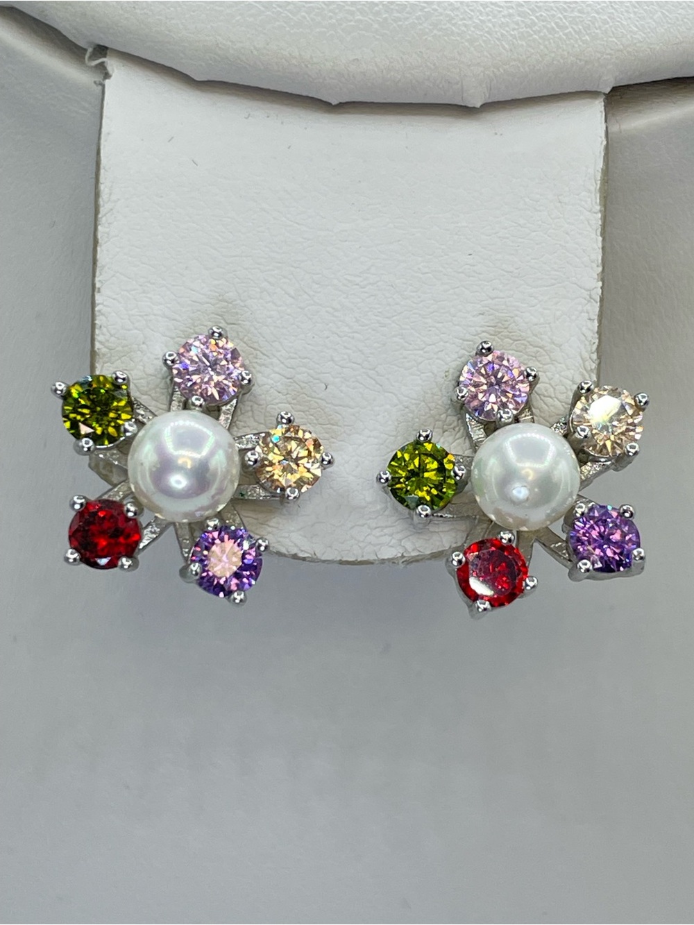 Multicolor Crystal Faux Pearl Flower Stud Earrings Silver Tone
